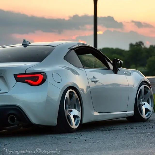 Silver Subaru BRZ at sunset